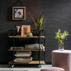CASA OSLO Carrello 3 Mensole Nero, Naturale- Carrelli|Scaffali Da Parete