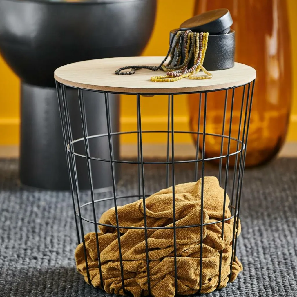 CASA WIRE Tavolino Portatutto Nero, Naturale- Cesti Di Metallo|Tavolini