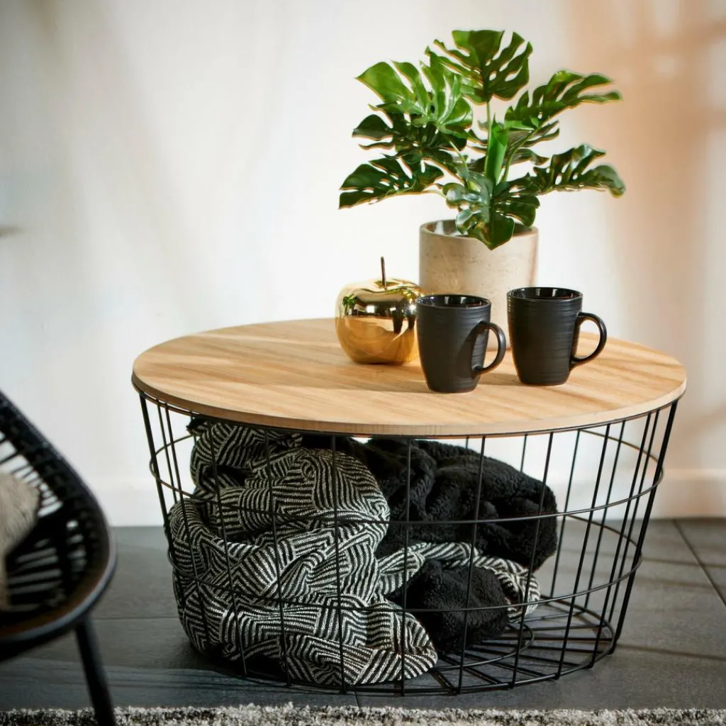 CASA WIRE XL Tavolino Portatutto XL Nero, Naturale- Cesti Di Metallo|Tavoli Da Soggiorno